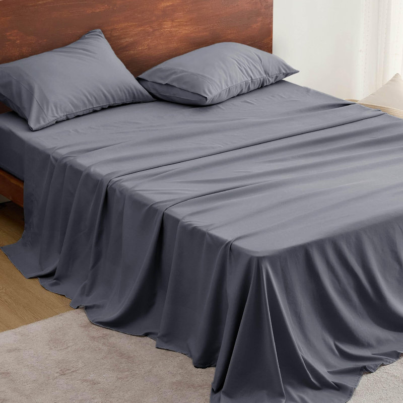 Couvre-lit en polyester et rayonne provenant de draps en bambou, Ensemble de draps pour grand lit avec 2 taies d'or, Gris mat