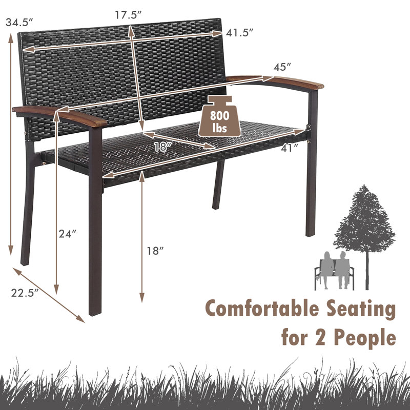 Amoha Metal/Solid Wood/Wicker Outdoor Bench