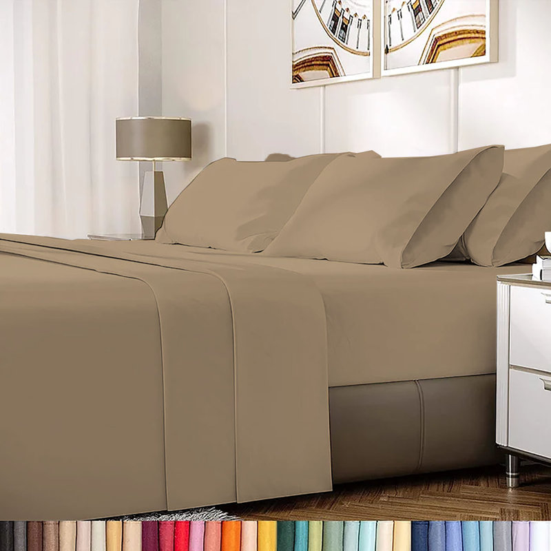 Ensemble de draps en rayonne de bambou 6 pièces , Ensemble de draps pour taille de lit grand avec un, Taupe