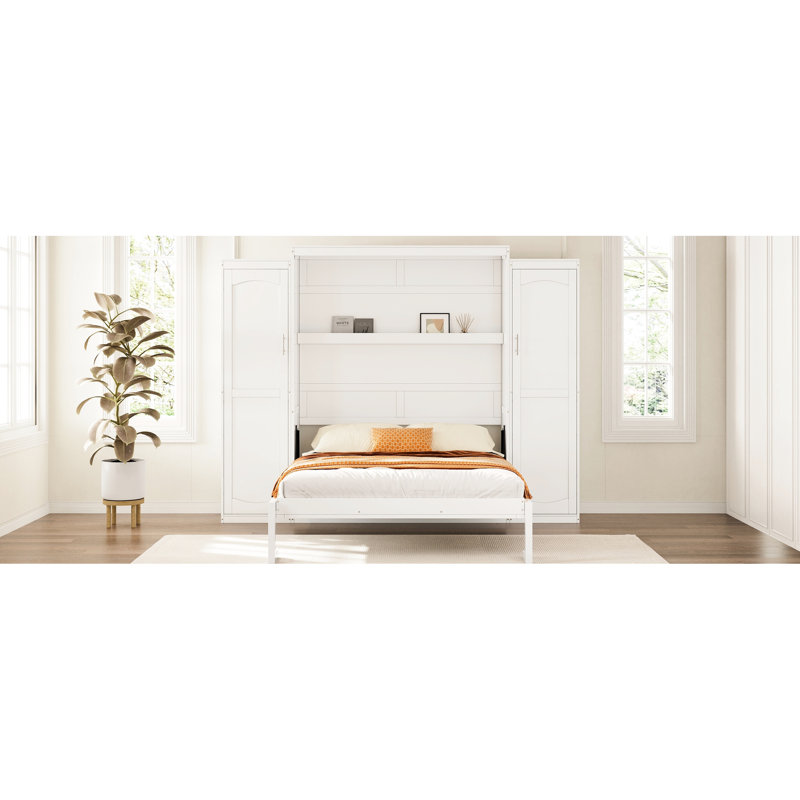 Cadre de lit plateforme multifonctionnel pliable, lit double, 2 garde-robe et tablette de rangement, blanc, pour chambre d'amis - cadre de lit blanc avec fonction