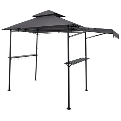 Grill Gazebo, 8 x 5 ft Double-Tiered Top, BBQ Gazebo with Extra Awning, Powder-Coated Steel Patio Grill Shelter with 2 Side Shelves, Bottle Opener & Hooks, Outdoor Grilling Canopy for Garden