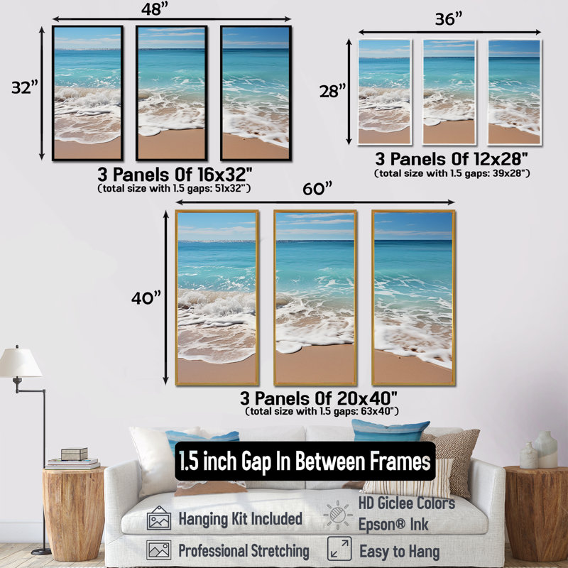 Shoreline Shadows On Beautiful Beach - ensemble d'art mural côtier, Cadre flottant blanc, H 40 po x l 60 po x P 1 po