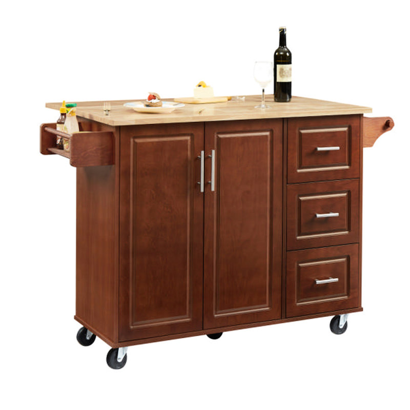 Chariot pour îlot de cuisine polyvalent avec étagère à épices ouverte et rangement, brun 2 verrouillables, Brun
