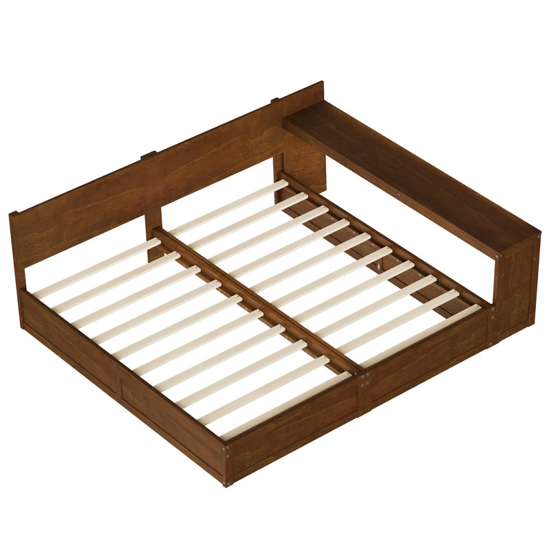 Ensemble de base de lit plateforme simple avec bureau de rangement réglable, 2 lits simples avec tablettes flexibles, tablettes gauche, centrale ou droite, lits simples pour 2 enfants avec bureau de rangement