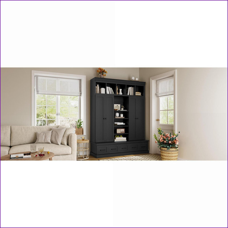 Hall Tree, 78.7'H Modern Entryway Storage with Bench, 5 Cubbies, 4 Doors, 5 Drawers | MDF | Coat Racks, Black