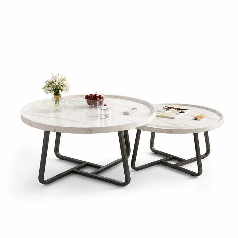 Modern 2-Piece Nesting Coffee Tables Set, Wooden Centre Table with Metal Frame, 31.49"D & 23.62"D