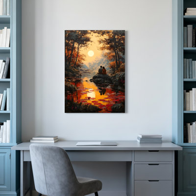 Ensemble de 1 tableau sur toile représentant un couple au coucher du soleil d'automne au bord d'un lac