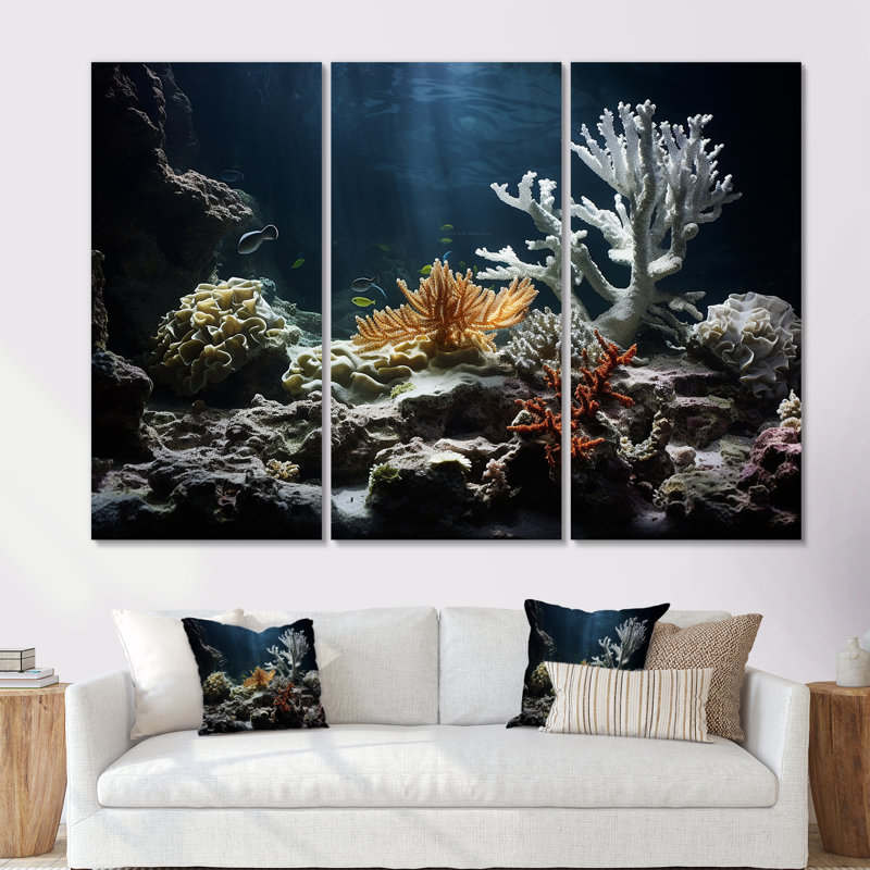 «Deep Light On», ensemble d'art mural corail sous l'eau, H 28 po x l 36 po x P 1 po, Toile tendue