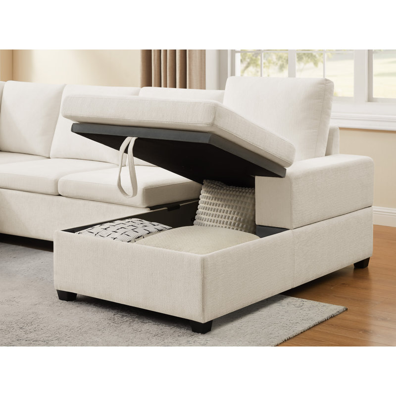 Pull-Out Sofa With Storage Chaise, Upholstered Couch, Beige