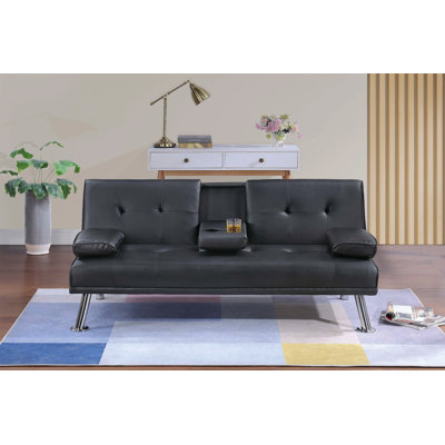 Black Color Faux Leather 1Pc Adjustable Sofa Fold-Down Table W/ Cup Holders Tufted Upholstered Plush Cushion Couch Living Room