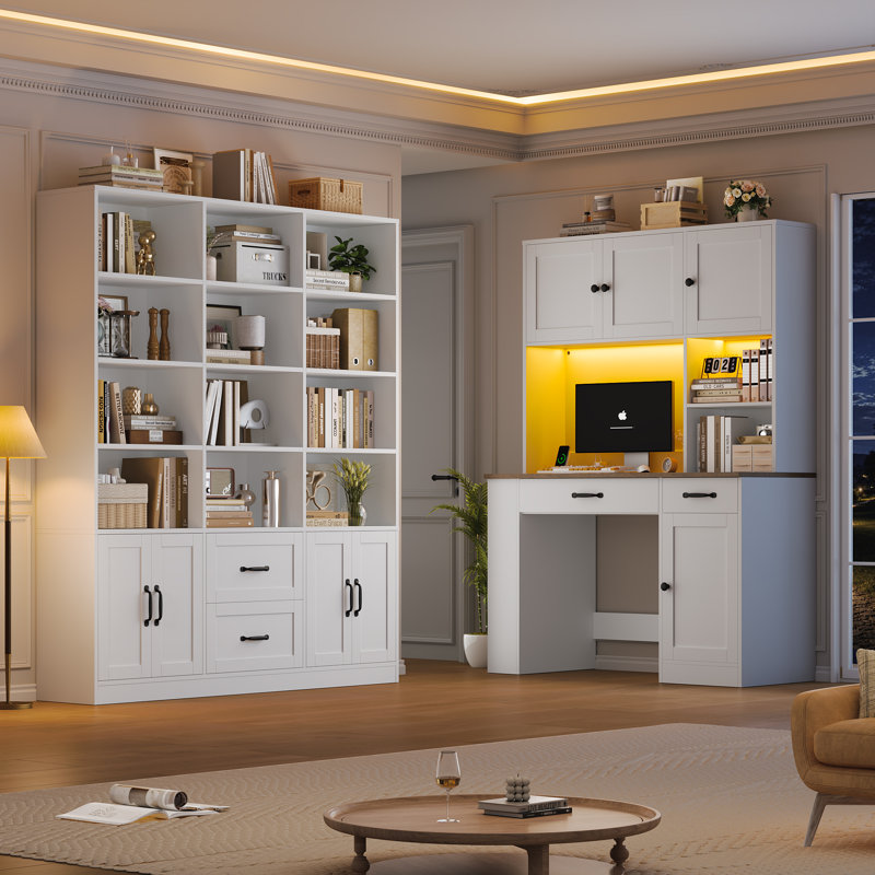 Computer Ensemble de bureau d'ordinateur 47,2 "avec rehausse + bibliothèque 58,7", bureau à domicile avec station de charge et éclairage DEL, tablette de rangement triple avec présentoir et armoires dissimulées, ensemble de meubles 2 pièces
