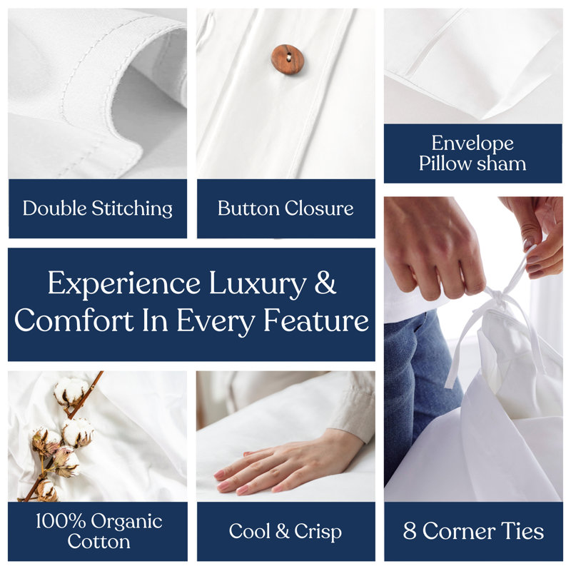 Delara GOTS Certified 100% Organic Cotton Percale Duvet Cover Set - 400 Thread Count, Smooth & Breathable, Ivory