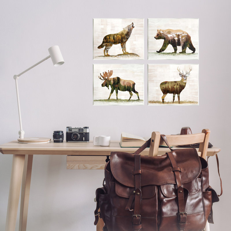 Woodland Animals Rustic Pattern 4 PC Wall Plaque Art Set by Amber Sterling