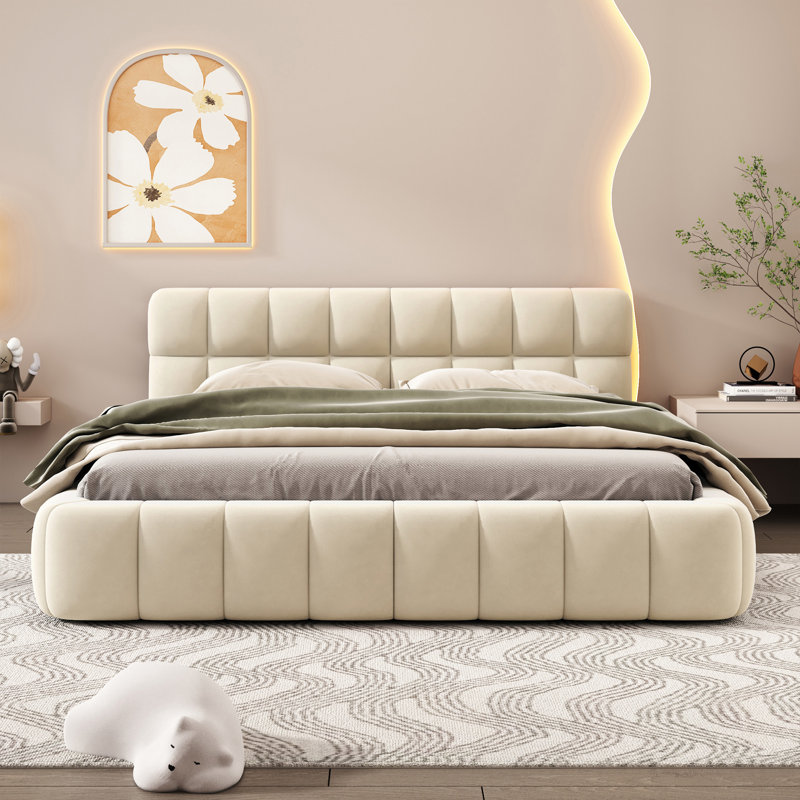 Lit plateforme tapissier avec tissu épais, Beige