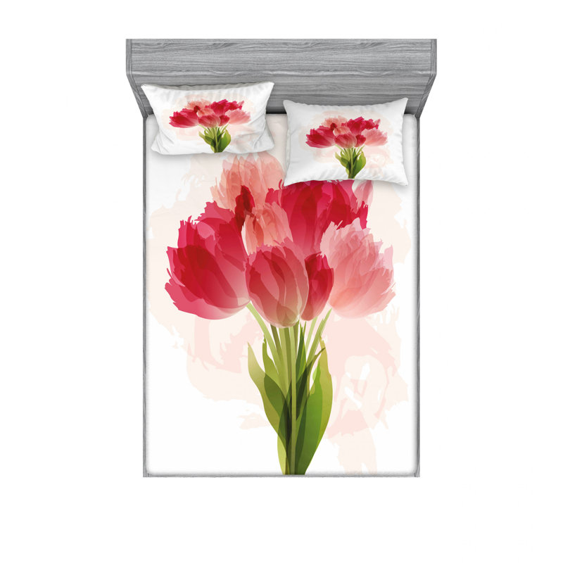 Ensemble de draps floral à fleurs de tulipes romantiques, Ensemble de draps pour lit double avec un drap-hou