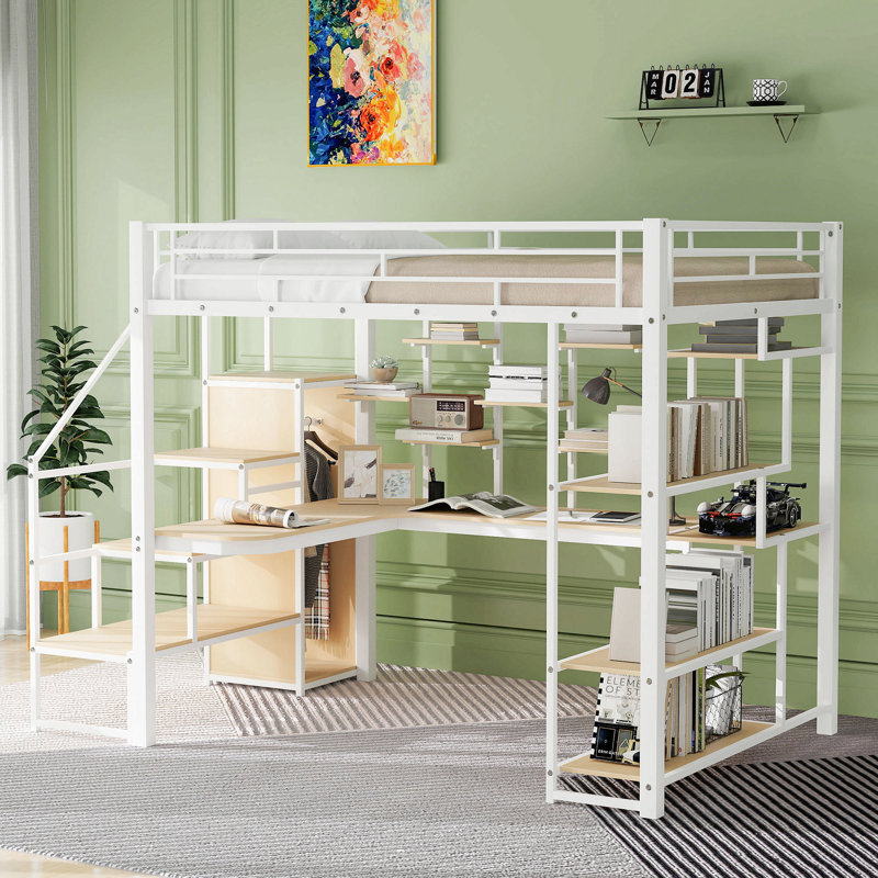 Lit mezzanine double en métal avec escalier de rangement et petite armoire, bureau intégré et tablettes de rangement, Blanc