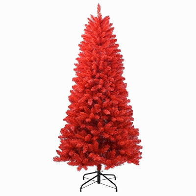 Arbre de Noël rouge 6 pi - Arbre en PVC rouge pur avec 804 pointes, branches articulées pour une installation facile, support en métal stable, décoration audacieuse des Fêtes