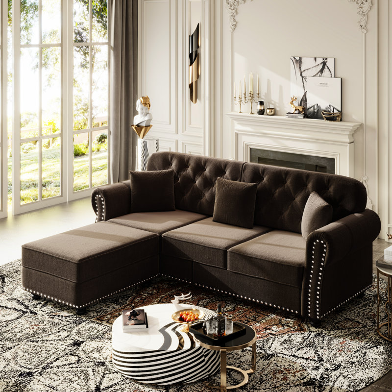 Style moderne du milieu du siècle, velours brun, garniture cloutée, bouton, roulé, cadre inclus, design durable, idéal pour le salon