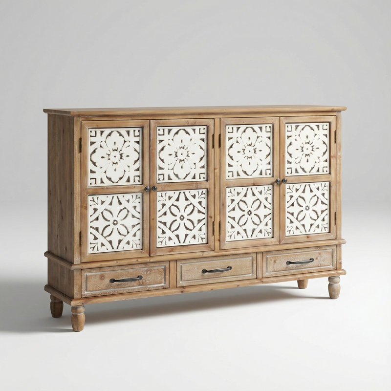Élégante armoire d'appoint en bois naturel avec quatre portes et trois tiroirs avec tablettes réglables pour des solutions de rangement polyvalentes dans les salons, les cuisines et les salles à manger
