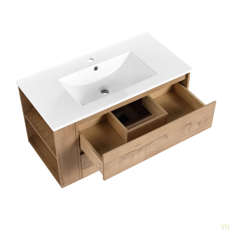 Meuble-lavabo mural 36 po avec lavabo en céramique, Imitation chêne