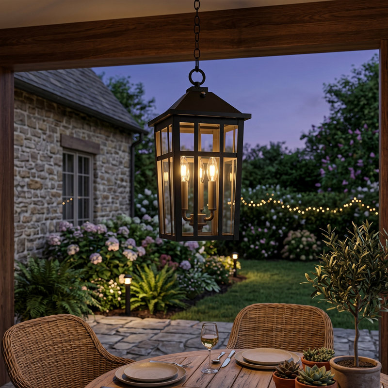 3 - Light 21''H Adjustable Black Iron ETL Outdoor Hanging Lights with Clear Tempered Glass and Dusk to Dawn, Matte Black