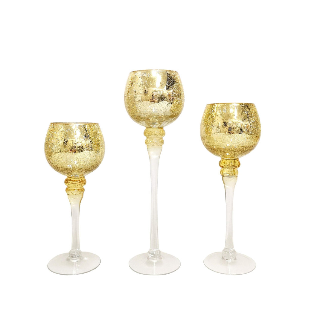 Hosley Set of 3 Crackle Gold Glass Tealight Holders 9 Inches 10 Inches and 12 Inches High Ideal for Weddings Special Events Parties Also Makes a Great Gift O9 House of Hampton®