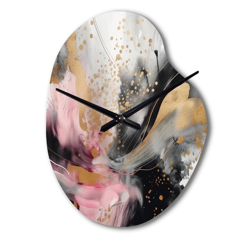 Horloge murale en métal rose avec texture or rose et éclaboussures de marbre III, Petit