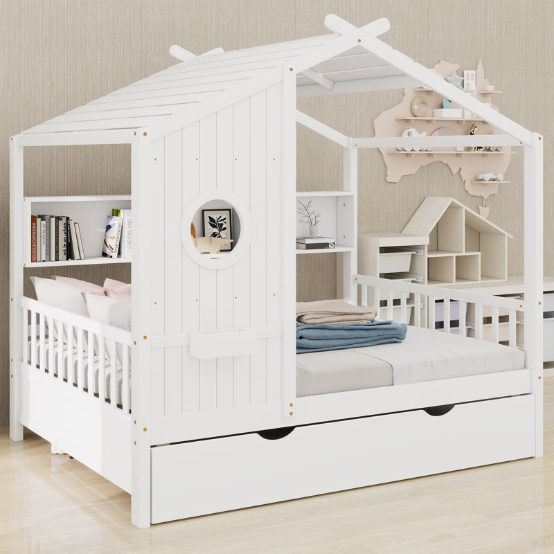 Lit maison avec lit gigogne, Blanc, Lit double