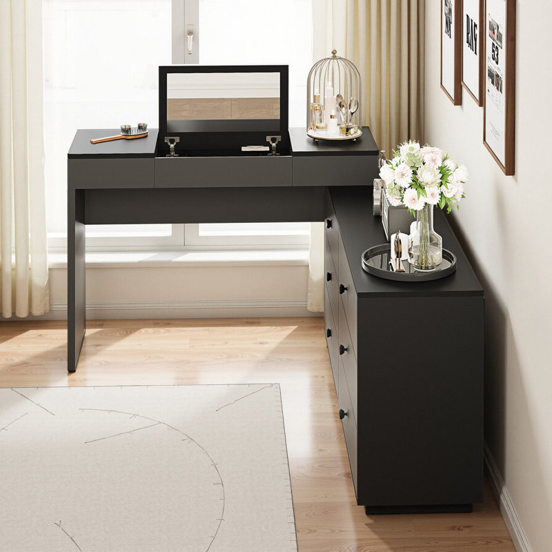Extendable Vanity Desk Home & Office Convertible L-Shaped Wooden Desk Features A Flip-Up Makeup Mirror And 6 Storage Drawers, Including 2 Small Storage Drawers