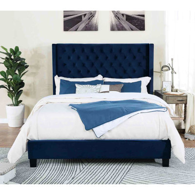 Modern King Bed In Navy With Wingback Design, Solid Wood, Velvet Upholstery And Button Headboard For Bedroom Frame Color Wood Structure, Diamond Pattern Stitching