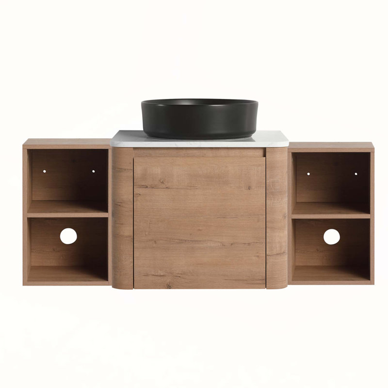 Meuble-lavabo mural 48 po avec lavabo d'art en céramique, deux tablettes de rangement et porte à fermeture en douceur pour salle de bain moderne