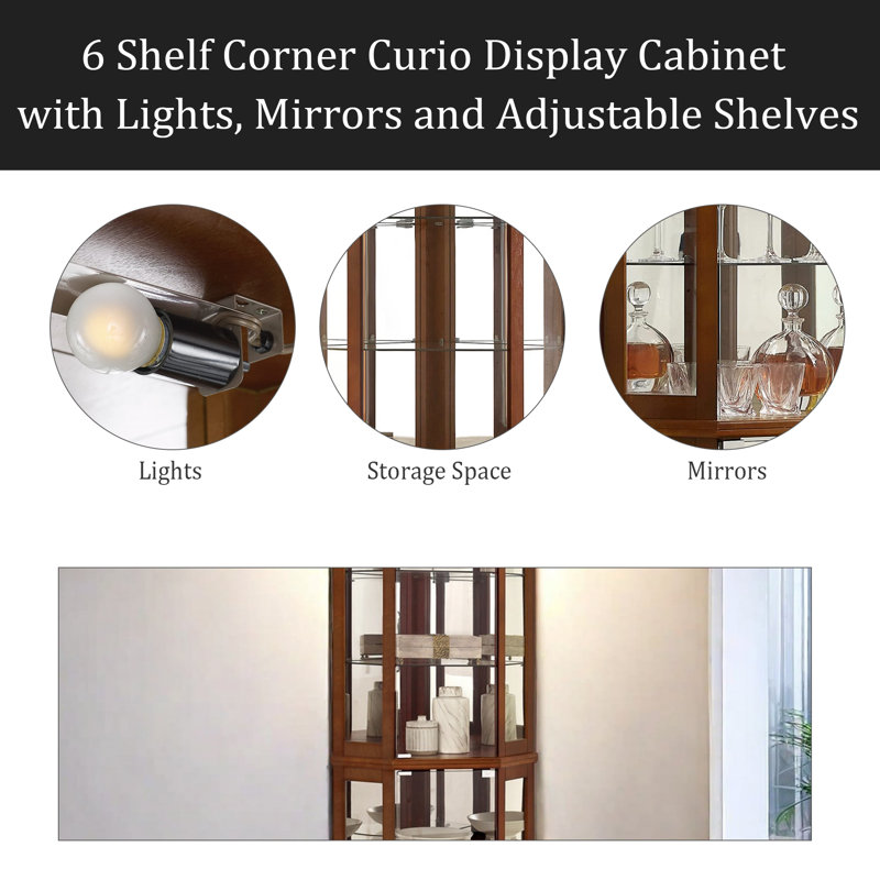 6 Shelf Corner Curio Display Cabinet With Lights, Mirrors And Adjustable Shelves(E26 Light Bulb Not Included), Walnut