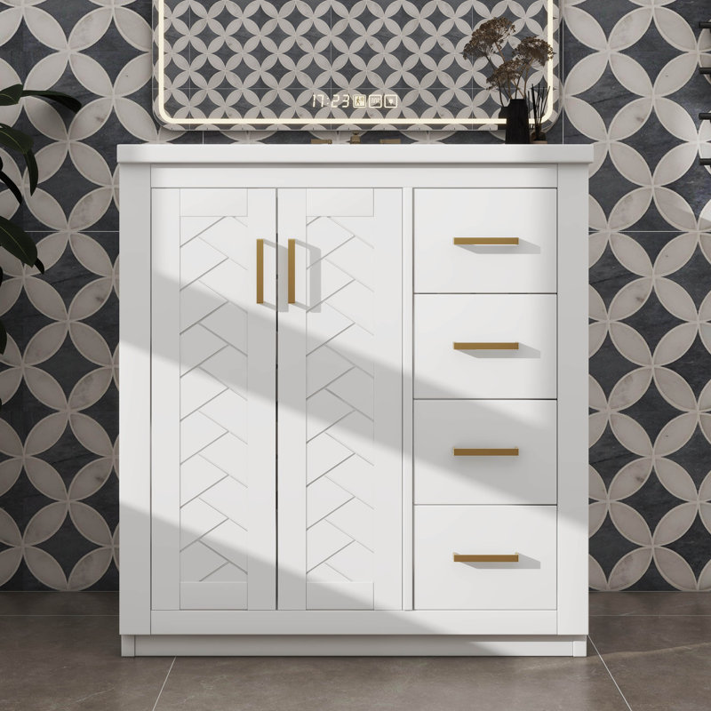 Ensemble de meuble-lavabo de 30 po avec lavabo en céramique, 3 tiroirs et portes à fermeture en douceur inclus, Blanc, Doré