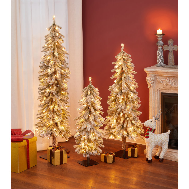 Mercury Row® Slender Green Fir Flocked Christmas Tree Set with Lights (Set of 3)