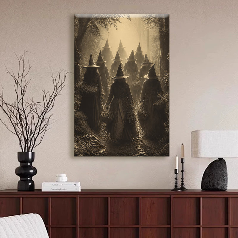 Tableau vintage sur toile représentant une sorcière mystérieuse dans la forêt, de style gothique abstrait, idéal pour décorer un salon, une chambre ou une maison de campagne.