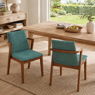 Ensemble de 2 fauteuils de salle à manger rembourrés en tissu Mid-Century avec structure en bois d'hévéa pour la cuisine et la salle à manger