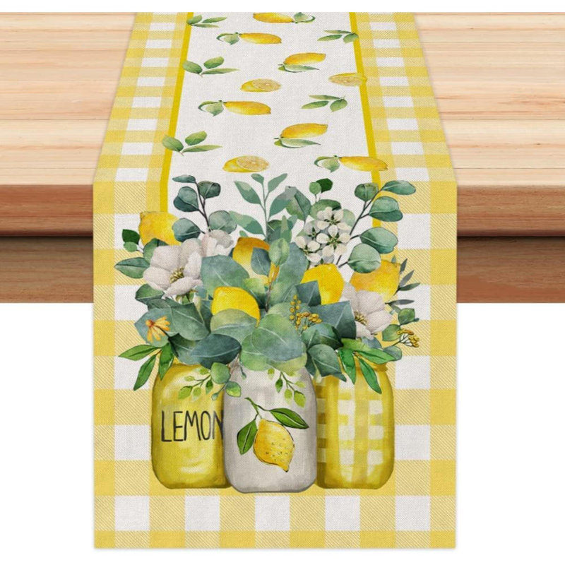 Black Buffalo Check Summer Table Runner 72 Inch, Lemon Vase Spring Farmhouse Rustic Holiday Runners Kitchen Dining Table Decoration For Indoor Outdoor Dinner Party Décor