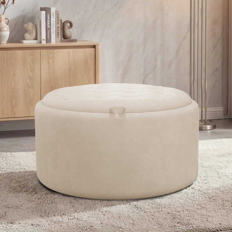 Repose-pieds capitonné rond 27,5 po avec rangement, Velours - beige