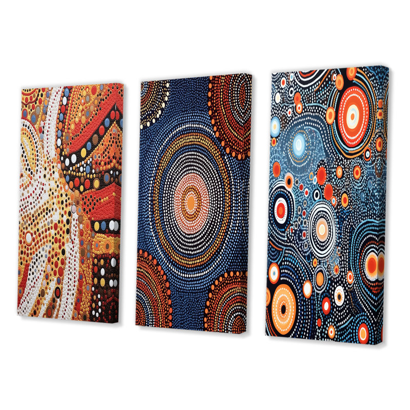Aboriginal Circular Dot Art Compositions II - Transitional Art Set Of 3 Pieces, Toile tendue, H 20 po x l 36 po