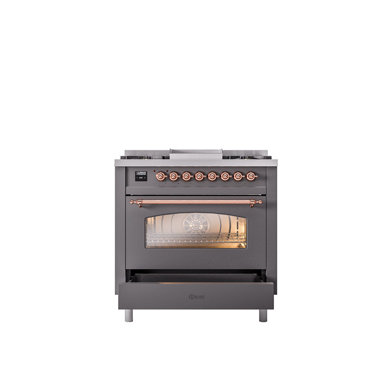ILVE Nostalgie II 36 Dual Fuel Range, knobs, Graphite Matte/Copper, Liquid Propane