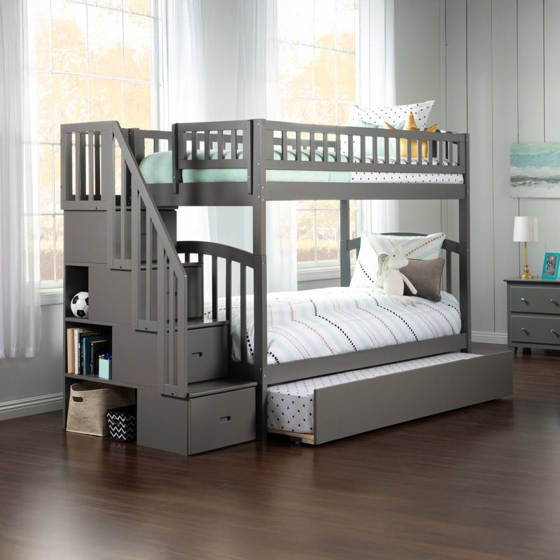 Lit superposé avec lit gigogne en bois massif Jaxson Kids, Simple sur simple, Gris