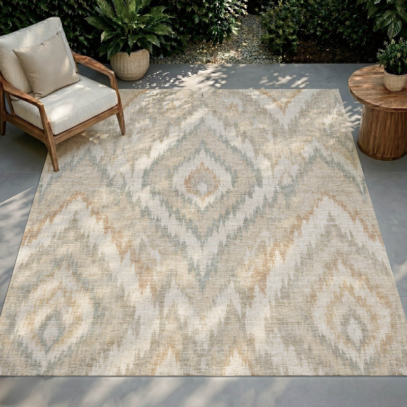 Tapis Ceajay ACN3071 Ikat lavable à la machine pour intérieur/extérieur, Linen, 3' x 5'
