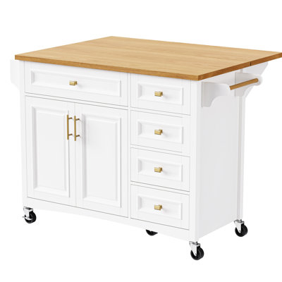 White Kitchen Island With Wheels And Drop Leaf. Pattern, Spice Rack, Towel 2 Doors, 5 Drawers, Adjustable Shelf For Fashionable Modern Luxury Coastal Customization Leaf Design. Decoration, Elegant