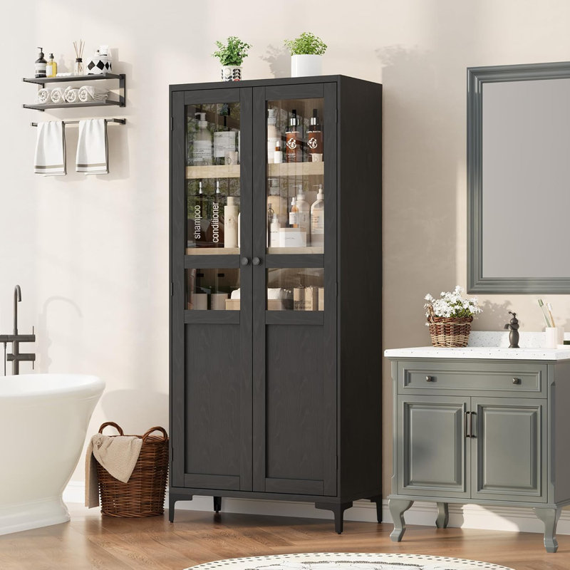 63 Inch Tall 5-Tier Storage Cabinet with 2 Doors, Adjustable Shelves - Pear Wood Finish MDF Multipurpose Organizer, Black
