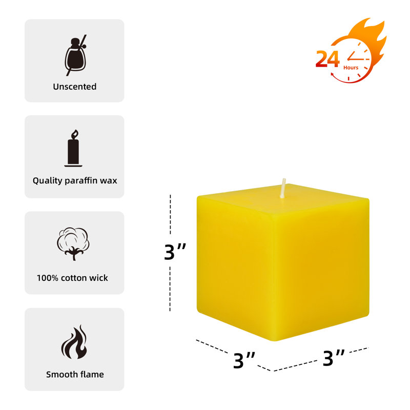 Bougie colonne, H 3 po x l 3 po x P 3 po, Jaune, Ensemble de 12