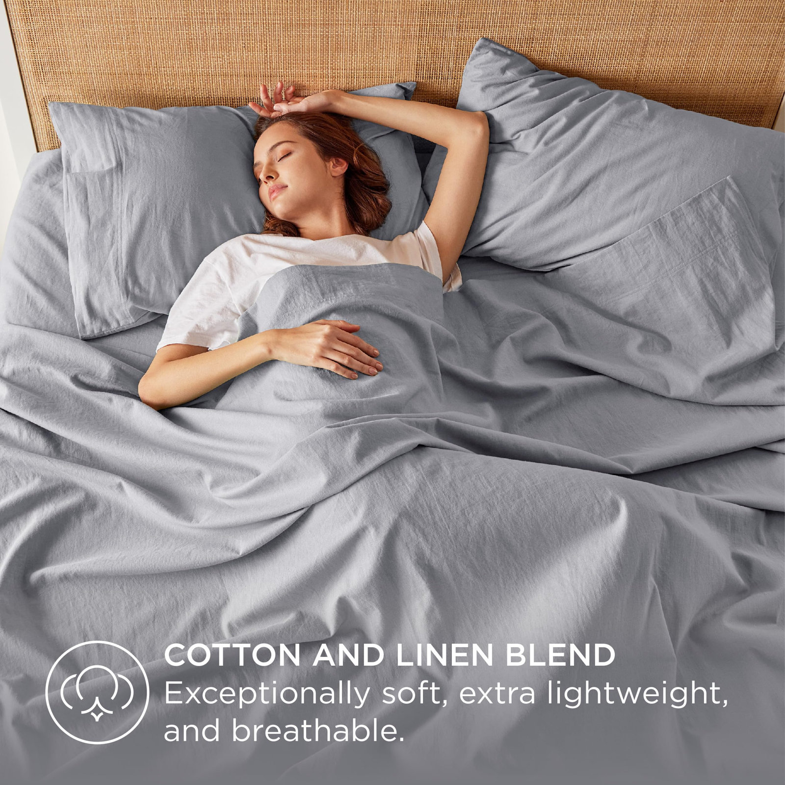 Linen Blend Sheet Set, Twin Sheet Set with 1 Fitted Sheet + 1 Pillowcase, Gray