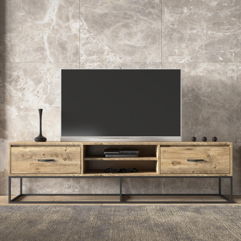 Meuble télé moderne avec pieds en métal, finition pin atlantique, 55,1 po x 19,3 po x 13,8 po | Fabrication en carton 100%, épaisseur de 0,71 pouce | Support mural, tablettes multiples pour le rangement, design élégant et fonctionnel