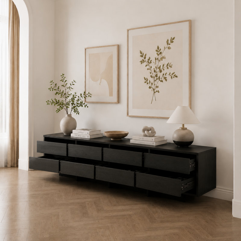 Meuble télé 78,8 po en bois pour le salon, console Mid-Century moderne avec 8 tiroirs, Black