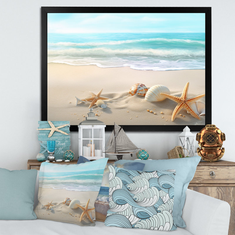 Étoile de mer et coquillages I - art mural moderne grande plage, Cadre noir, H 12 po x l 20 po x P 1 po