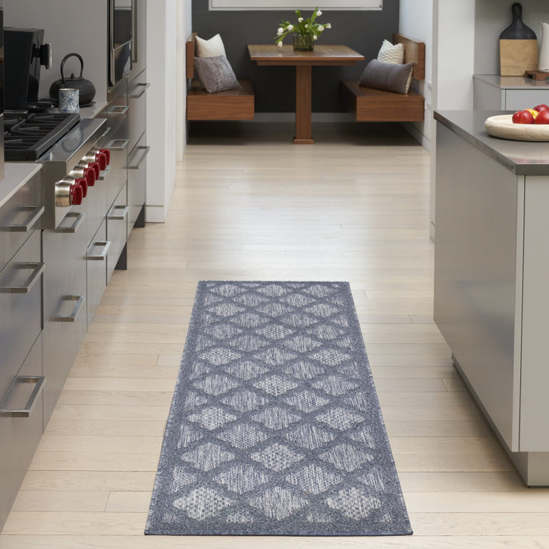 Adianey Red Barrel Studio Easy Care Trellis Denim Blue Indoor/Outdoor Area Rug, Runner 2' x 6'